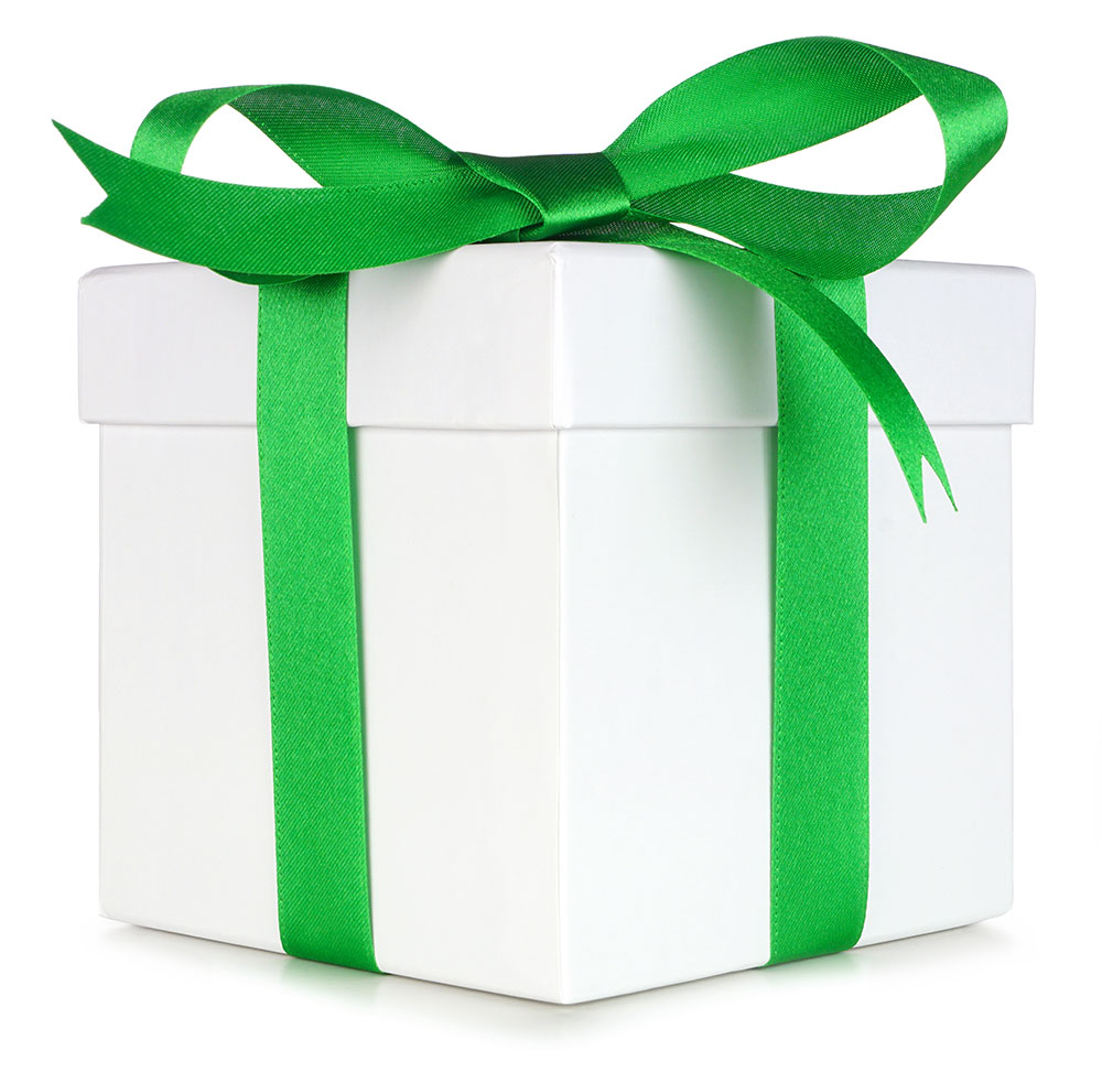 Gift box with green bow.